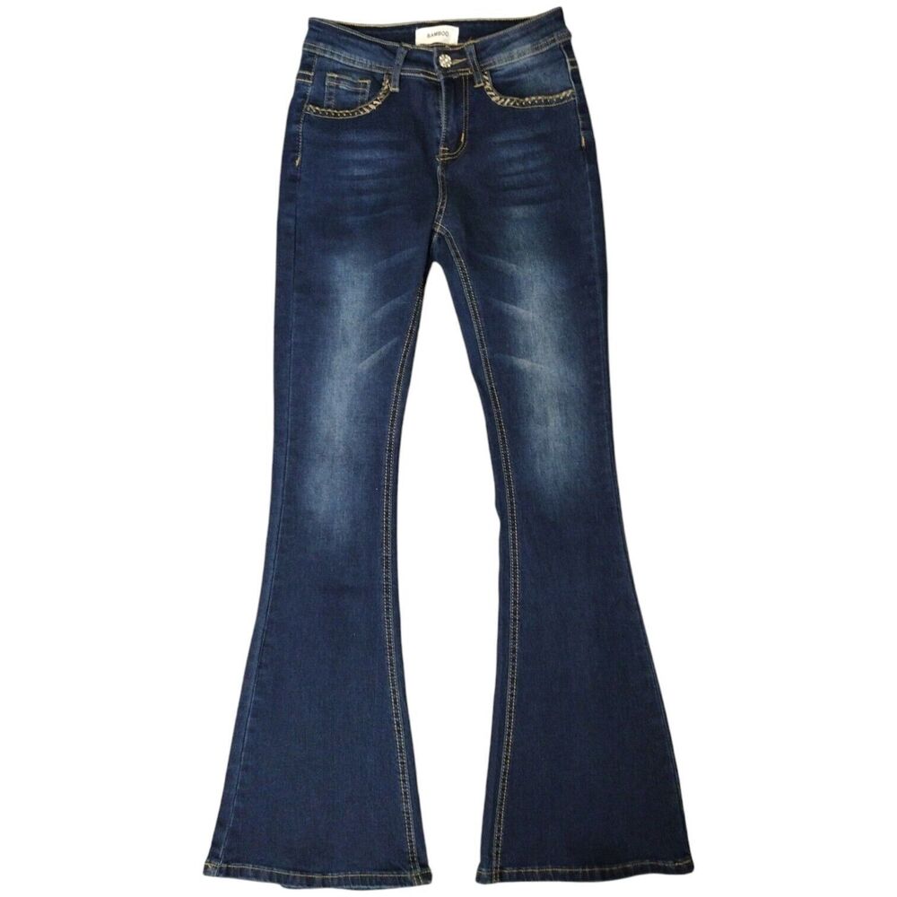 Bamboo Distressed Stretch Flare Leg Mid-Rise Dark Wash Blue Jeans Size 1 Junior
